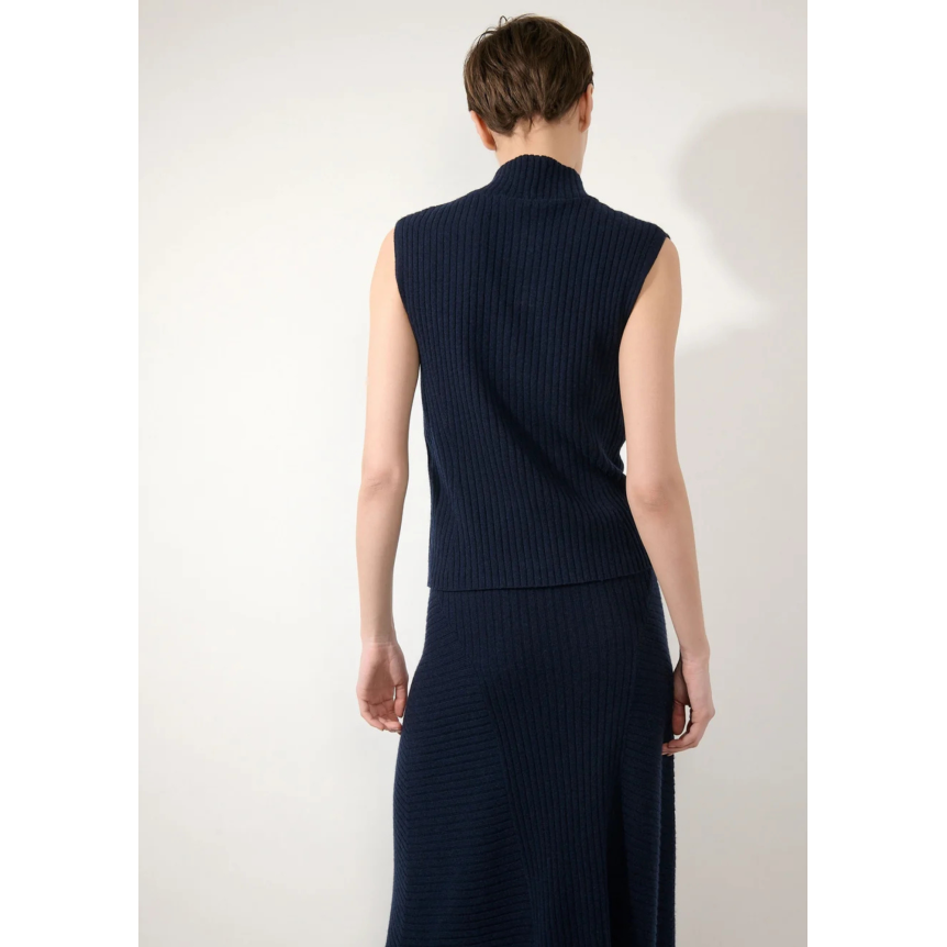 Pull col montant BARBARA BUI sans manches laine cachemire côtelée bleu navy