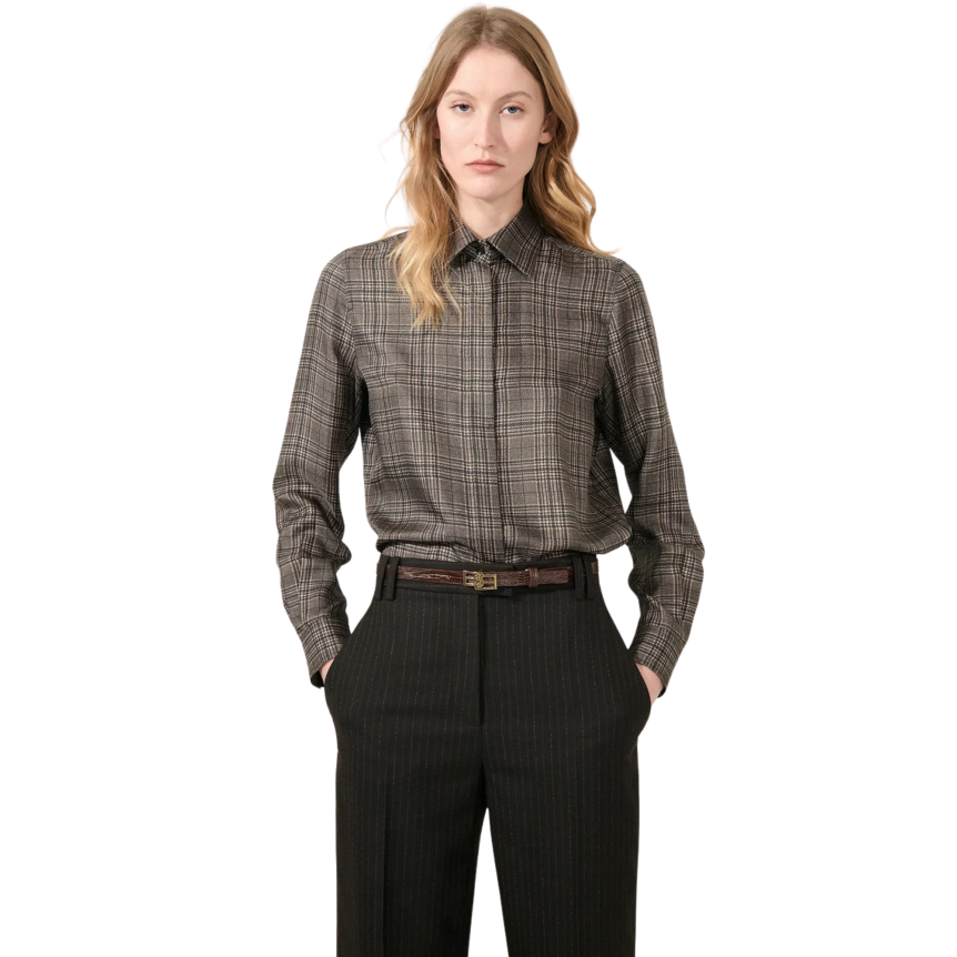 Chemise BARBARA BUI twill soie prince de galles noir marron