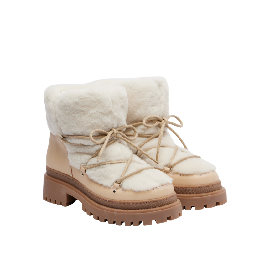 Bottines Boots YVES SALOMON fourrées ivoire lacets cuir agneau beige