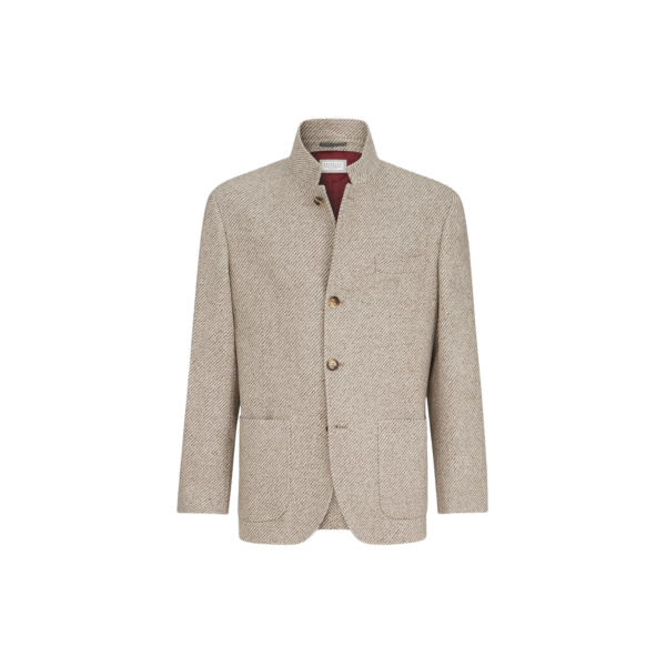 BRUNELLO CUCINELLI Blazer col montant cachemire soie chevrons beige crème poches plaquées
