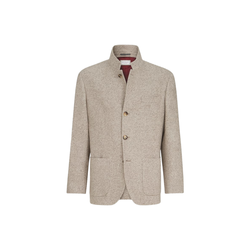 BRUNELLO CUCINELLI Blazer col montant cachemire soie chevrons beige crème poches plaquées