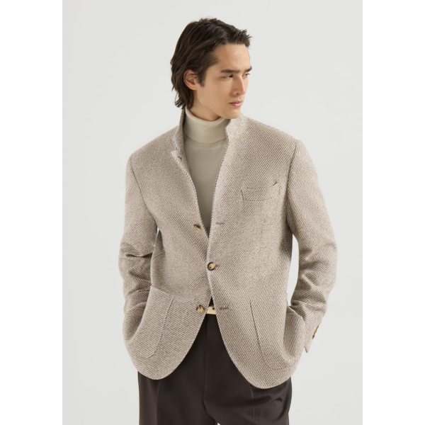 BRUNELLO CUCINELLI Blazer col montant cachemire soie chevrons beige crème poches plaquées
