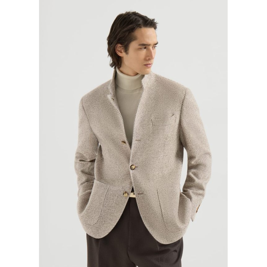BRUNELLO CUCINELLI Blazer col montant cachemire soie chevrons beige crème poches plaquées