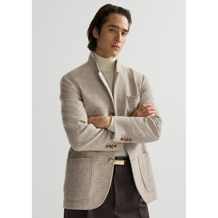 BRUNELLO CUCINELLI Blazer col montant cachemire soie chevrons beige crème poches plaquées
