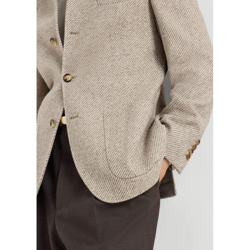 BRUNELLO CUCINELLI Blazer col montant cachemire soie chevrons beige crème poches plaquées