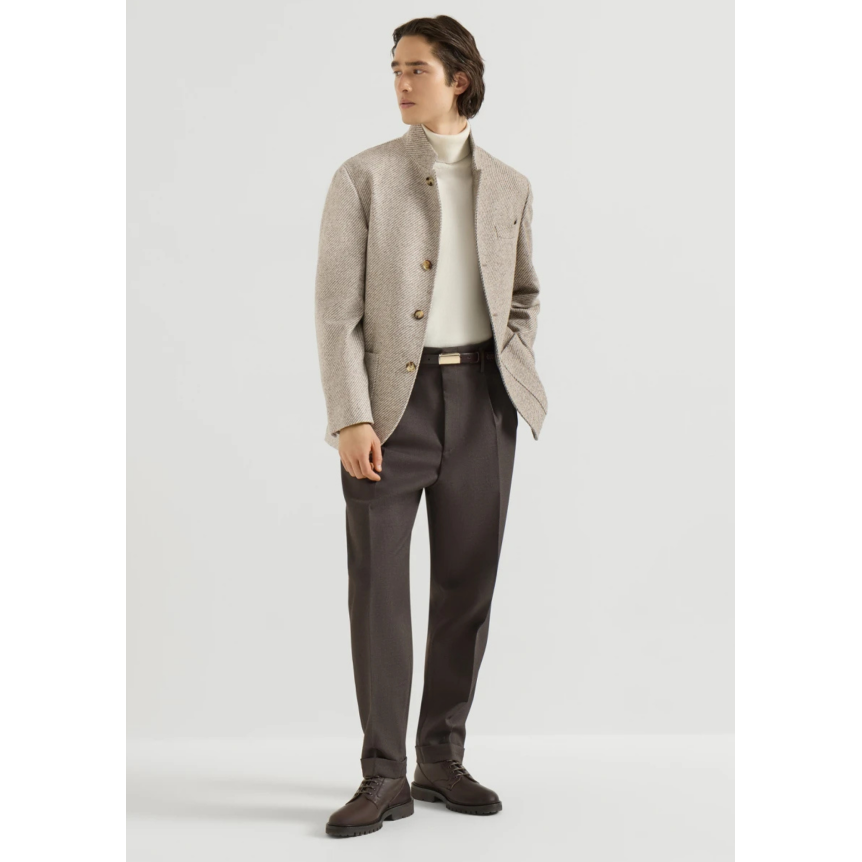 BRUNELLO CUCINELLI Blazer col montant cachemire soie chevrons beige crème poches plaquées