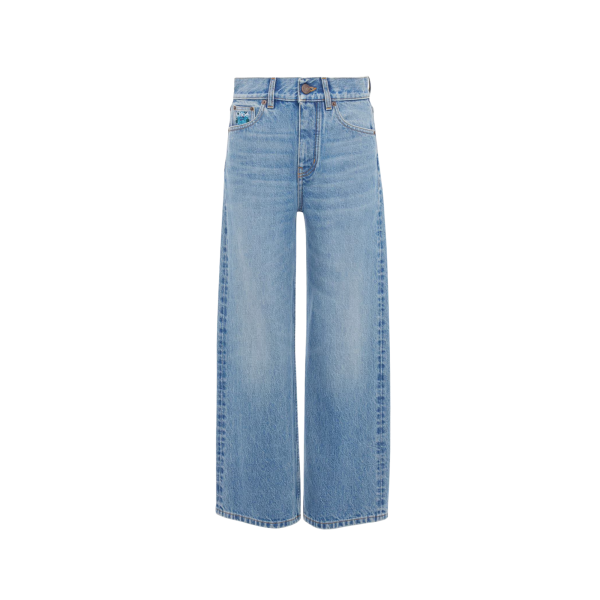 Jean droit large CHLOE en denim de coton délavé bleu franc broderie florale