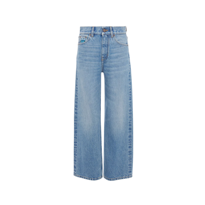 Jean droit large CHLOE en denim de coton délavé bleu franc broderie florale