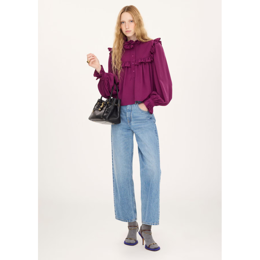 Jean droit large CHLOE en denim de coton délavé bleu franc broderie florale