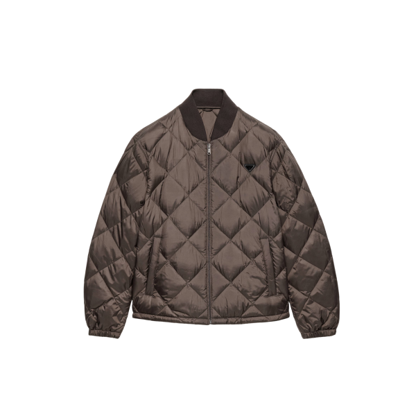 PRADA Blouson zippé matelassée losange nylon kaki col marron
