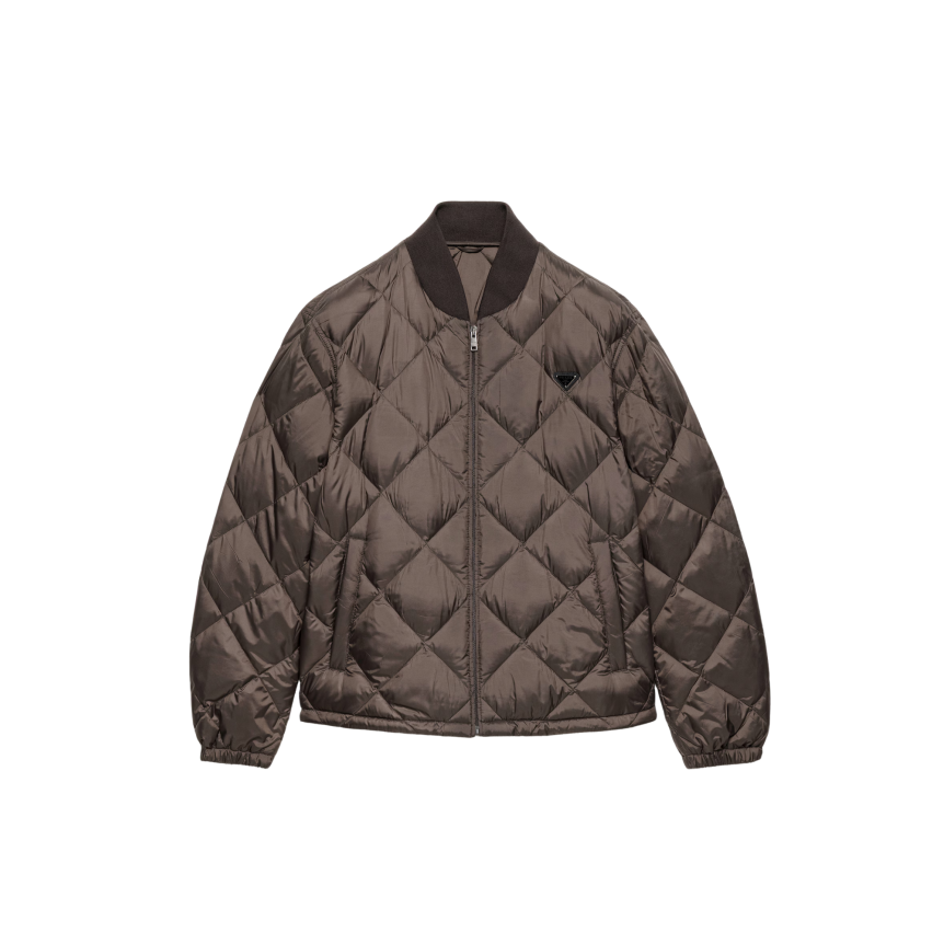 PRADA Blouson zippé matelassée losange nylon kaki col marron