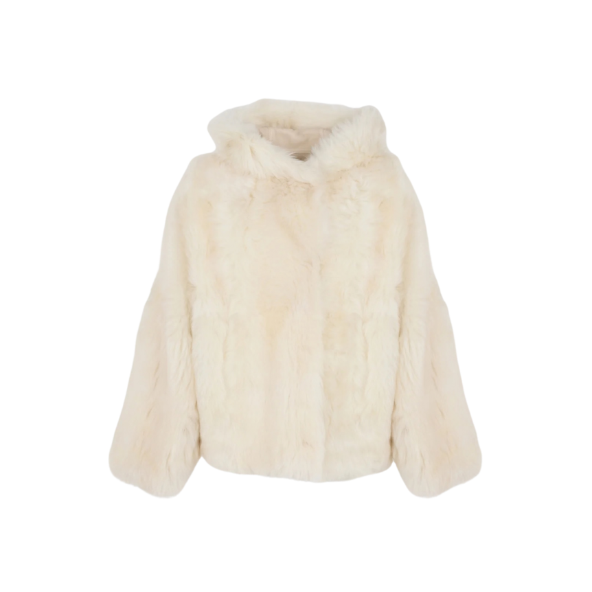 YVES SALOMON Veste à capuche réversible en peau lainée d'agneau de Toscane poil long écru
