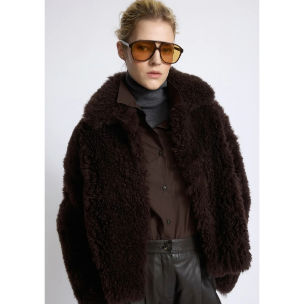 Veste en agneau YVES SALOMON cachemire et maille laine Mérinos poil long marron