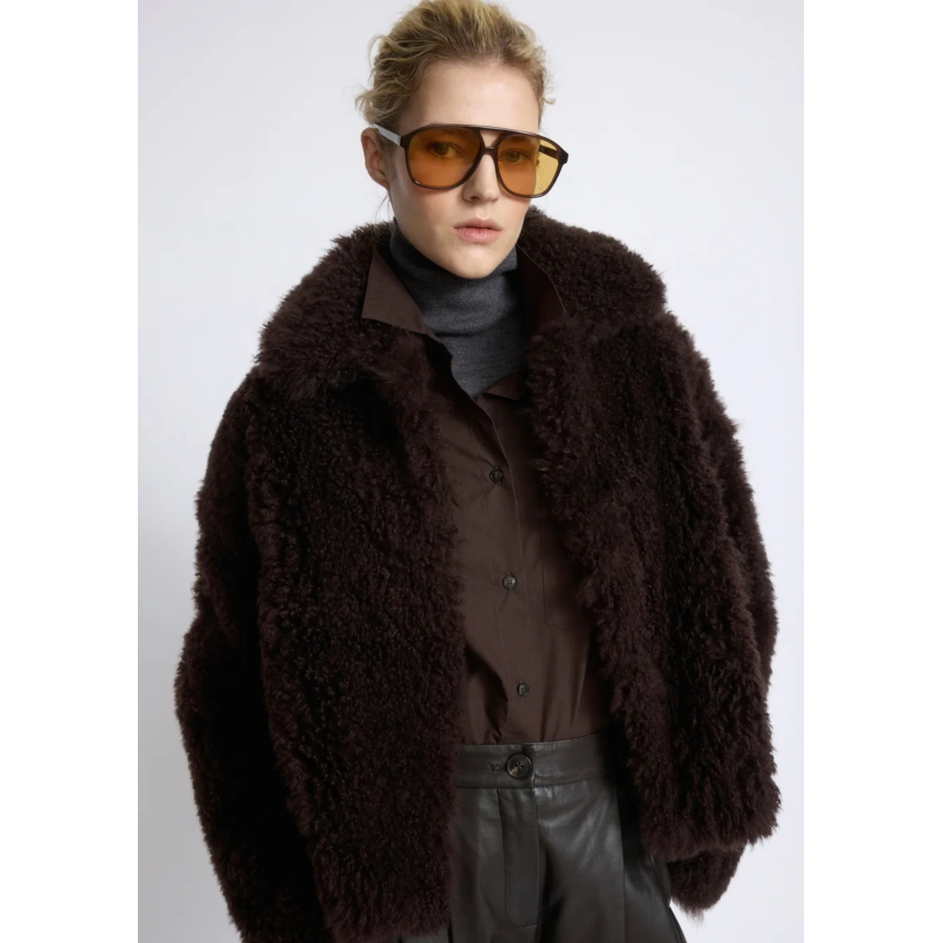 Veste en agneau YVES SALOMON cachemire et maille laine Mérinos poil long marron
