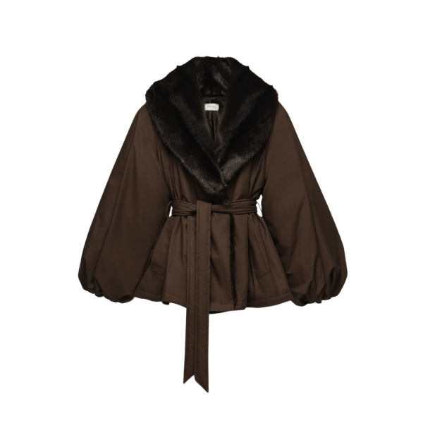 Veste MAGDA BUTRYM à col en fausse fourrure manche ballon ceinturée marron