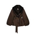 Veste à col en fausse fourrure manche ballon ceinturée marron