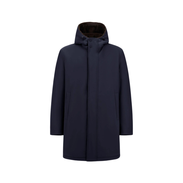 Parka zippée HERNO  en twill bleu marine mat à capuche fourrure