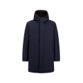 Parka zippée en twill bleu marine mat à capuche fourrure