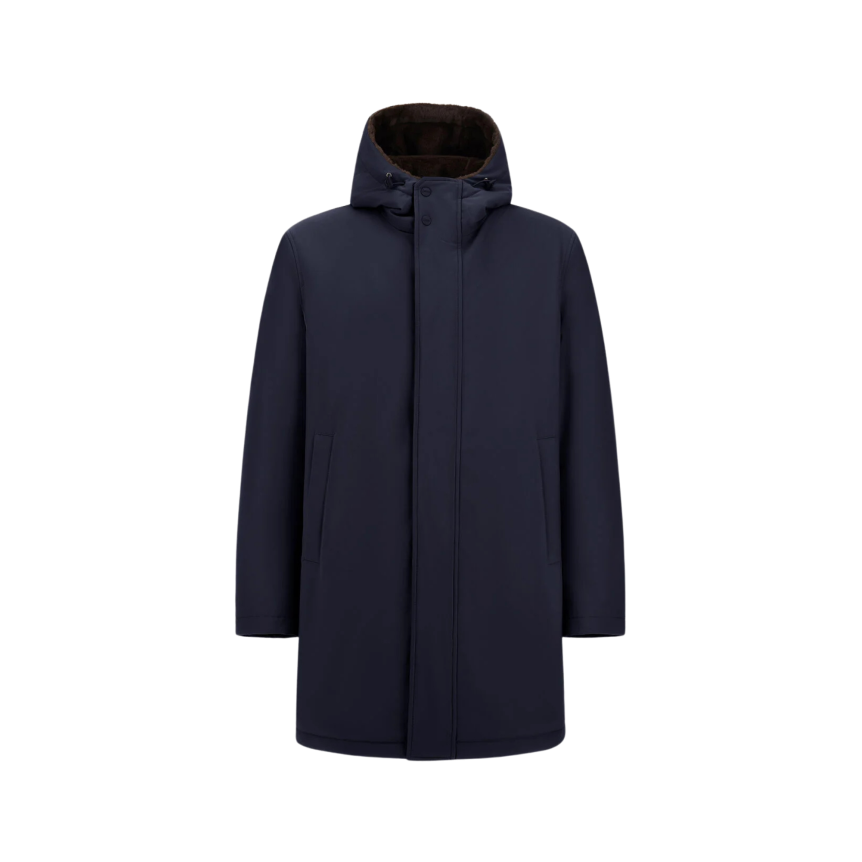 Parka zippée HERNO  en twill bleu marine mat à capuche fourrure