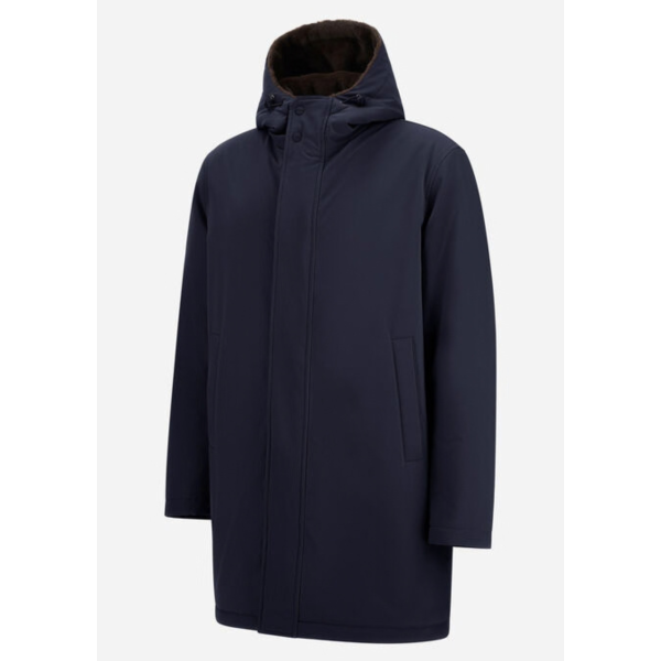 Parka zippée HERNO  en twill bleu marine mat à capuche fourrure
