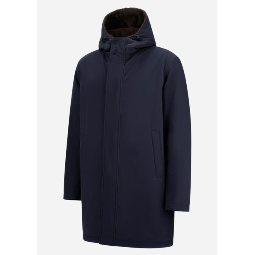 Parka zippée HERNO  en twill bleu marine mat à capuche fourrure