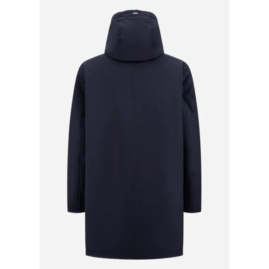 Parka zippée HERNO  en twill bleu marine mat à capuche fourrure