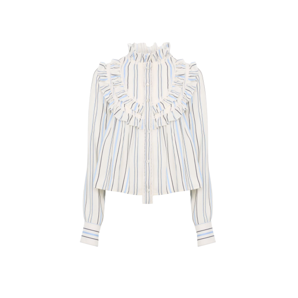 CHLOE Blouse à volants col montant en popeline rayée de coton et soie jacquard bleu ciel rayure écru
