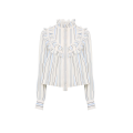 Blouse à volants col montant en popeline rayée de coton et soie jacquard bleu ciel rayure écru