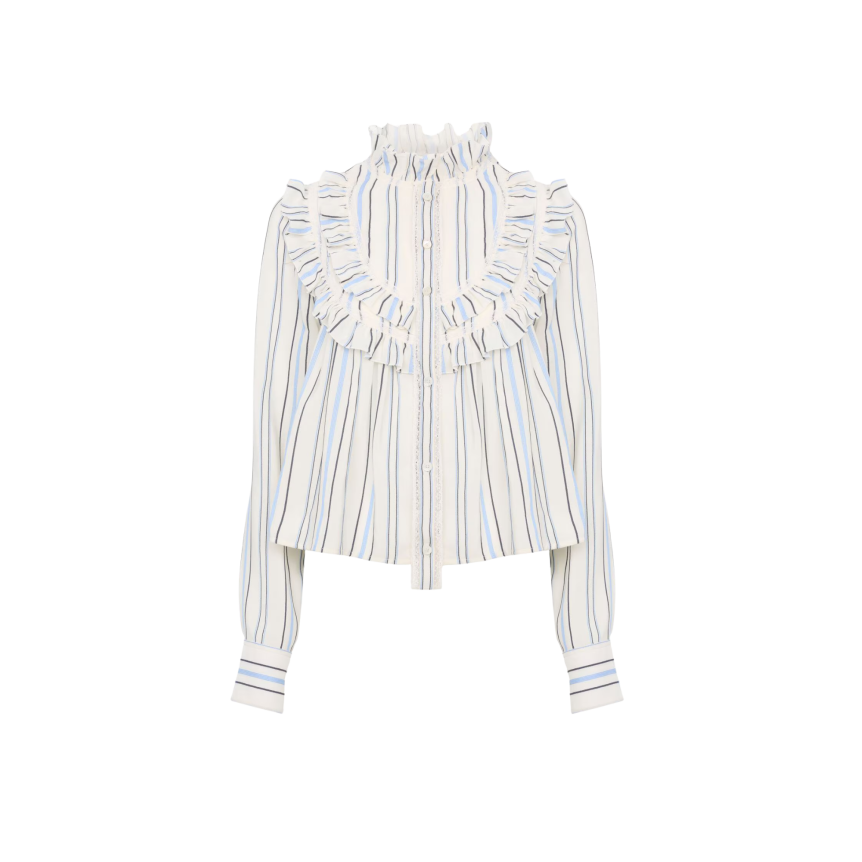CHLOE Blouse à volants col montant en popeline rayée de coton et soie jacquard bleu ciel rayure écru