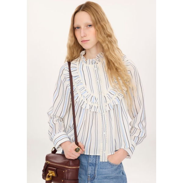 CHLOE Blouse à volants col montant en popeline rayée de coton et soie jacquard bleu ciel rayure écru