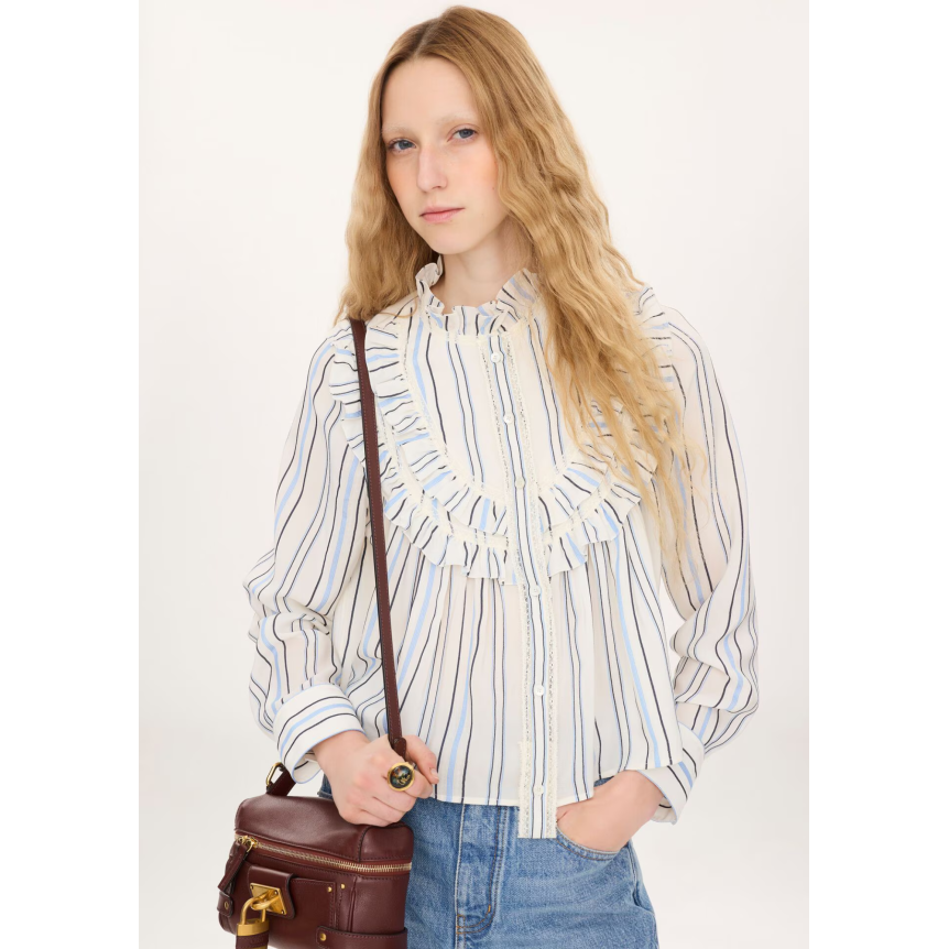 CHLOE Blouse à volants col montant en popeline rayée de coton et soie jacquard bleu ciel rayure écru
