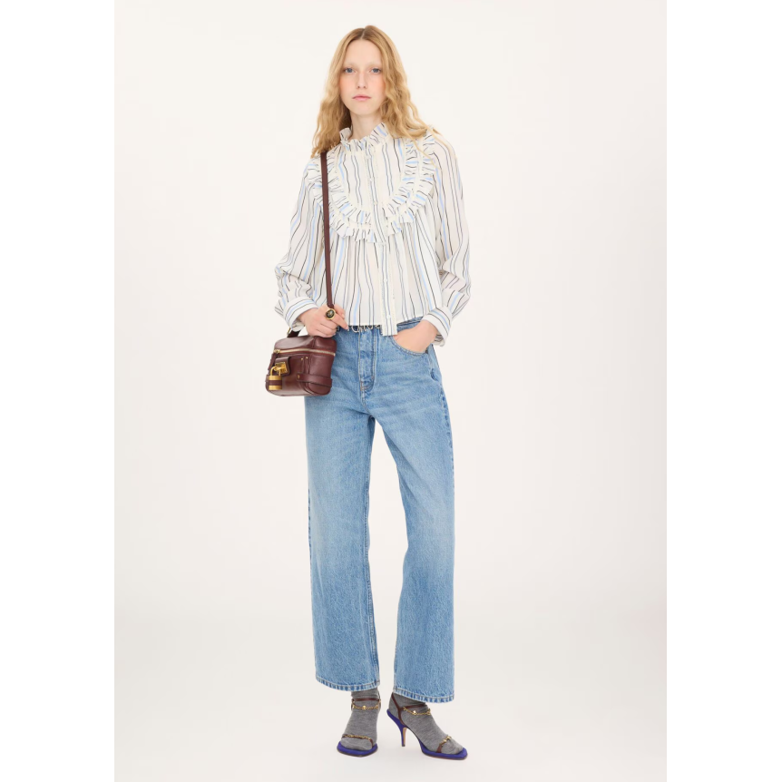 CHLOE Blouse à volants col montant en popeline rayée de coton et soie jacquard bleu ciel rayure écru