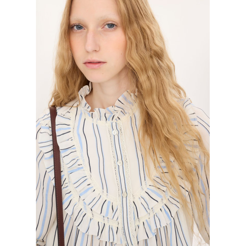 CHLOE Blouse à volants col montant en popeline rayée de coton et soie jacquard bleu ciel rayure écru