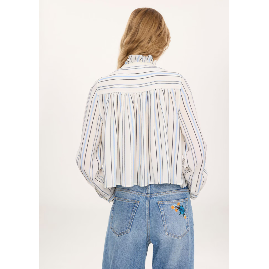 CHLOE Blouse à volants col montant en popeline rayée de coton et soie jacquard bleu ciel rayure écru
