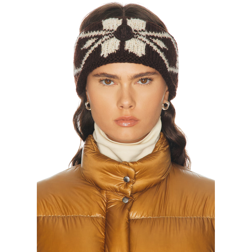 Bandeau MONCLER maille laine vierge mélangée marron motif écru sequins