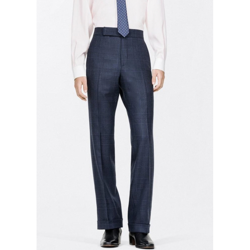 Pantalon de costume TOM FORD sans pince laine carreaux Prince de Galles bleu marine