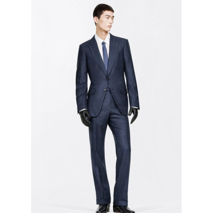 Pantalon de costume TOM FORD sans pince laine carreaux Prince de Galles bleu marine