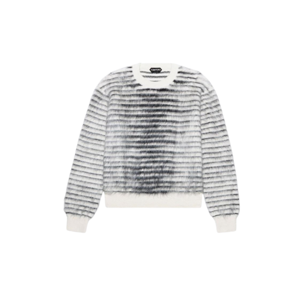 Pull à manches longues TOM FORD col rond en laine mohair rayé écru gris