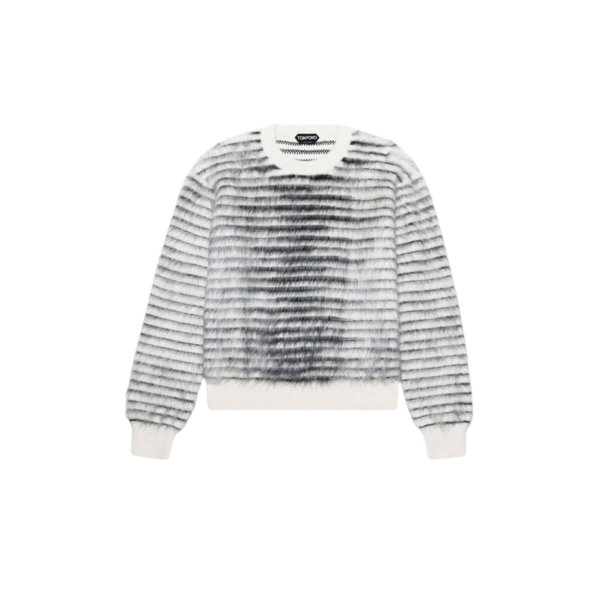 Pull à manches longues TOM FORD col rond en laine mohair rayé écru gris