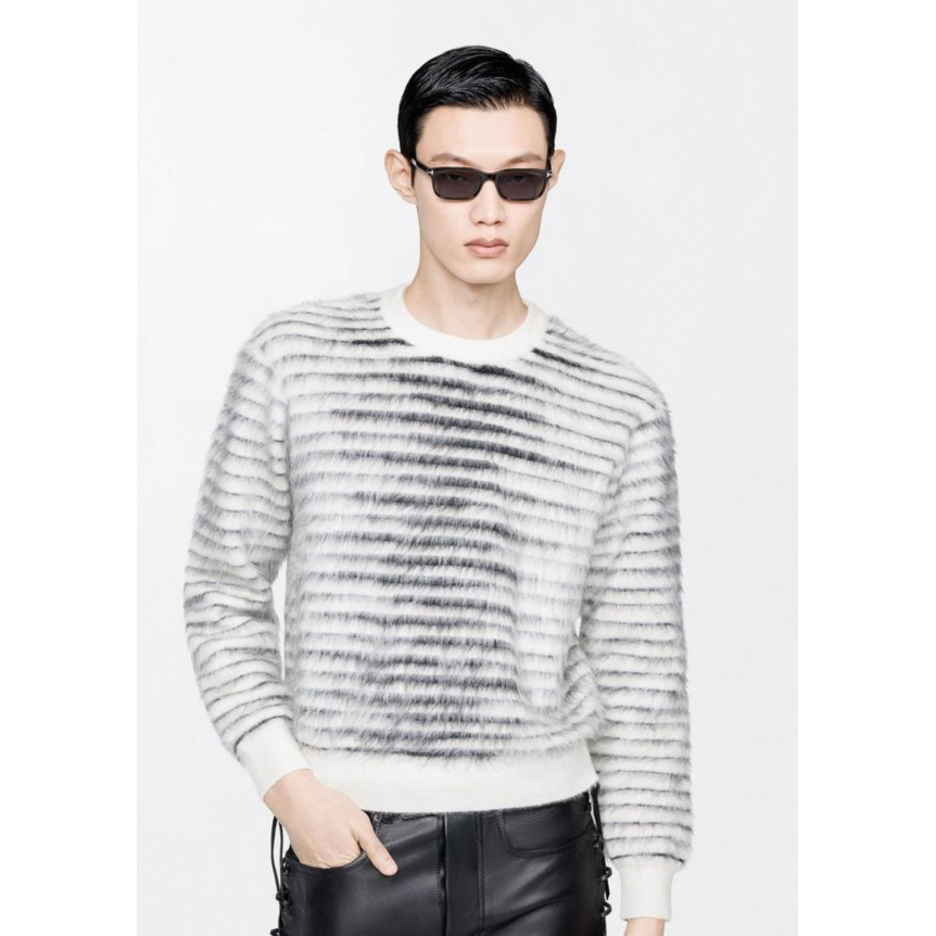 Pull à manches longues TOM FORD col rond en laine mohair rayé écru gris