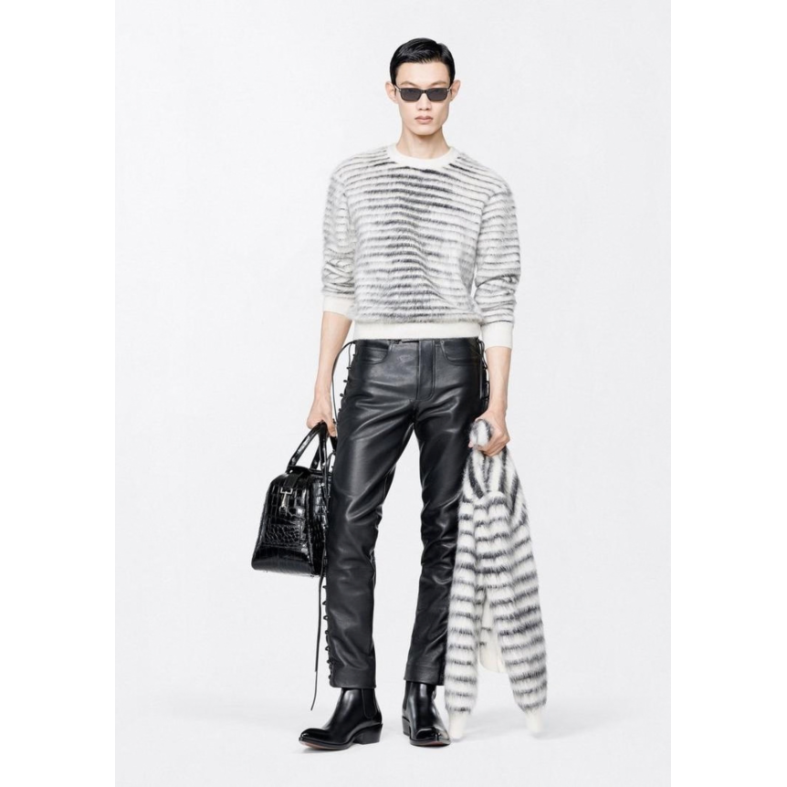 Pull à manches longues TOM FORD col rond en laine mohair rayé écru gris