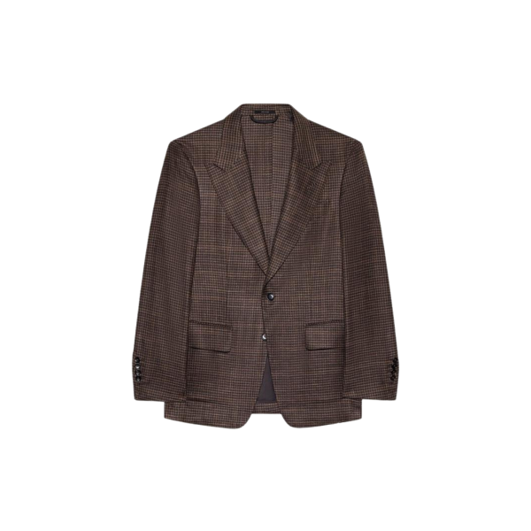 Veste blazer TOM FORD Shelton laine soie lin Pied de poule marron noir