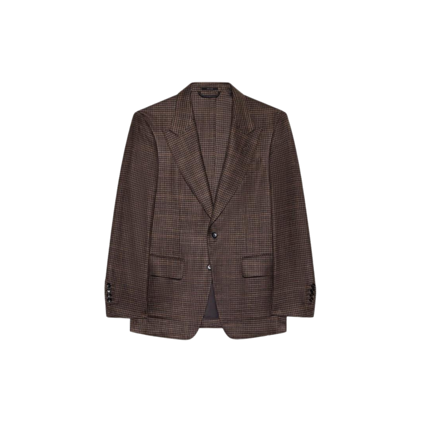 Veste blazer TOM FORD Shelton laine soie lin Pied de poule marron noir