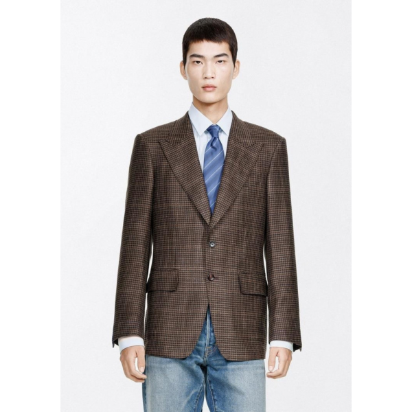 Veste blazer TOM FORD Shelton laine soie lin Pied de poule marron noir