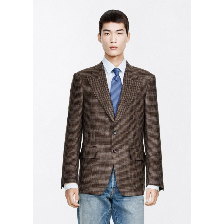 Veste blazer TOM FORD Shelton laine soie lin Pied de poule marron noir