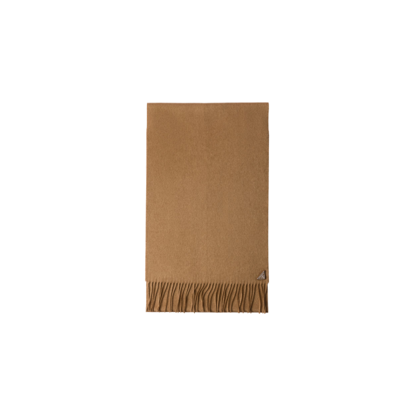 Echarpe PRADA soie cachemire camel franges logo triangle métal email