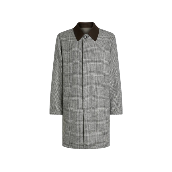 Manteau réversible BRIONI en laine prince de Galles et baby alpaga vert olive col daim marron