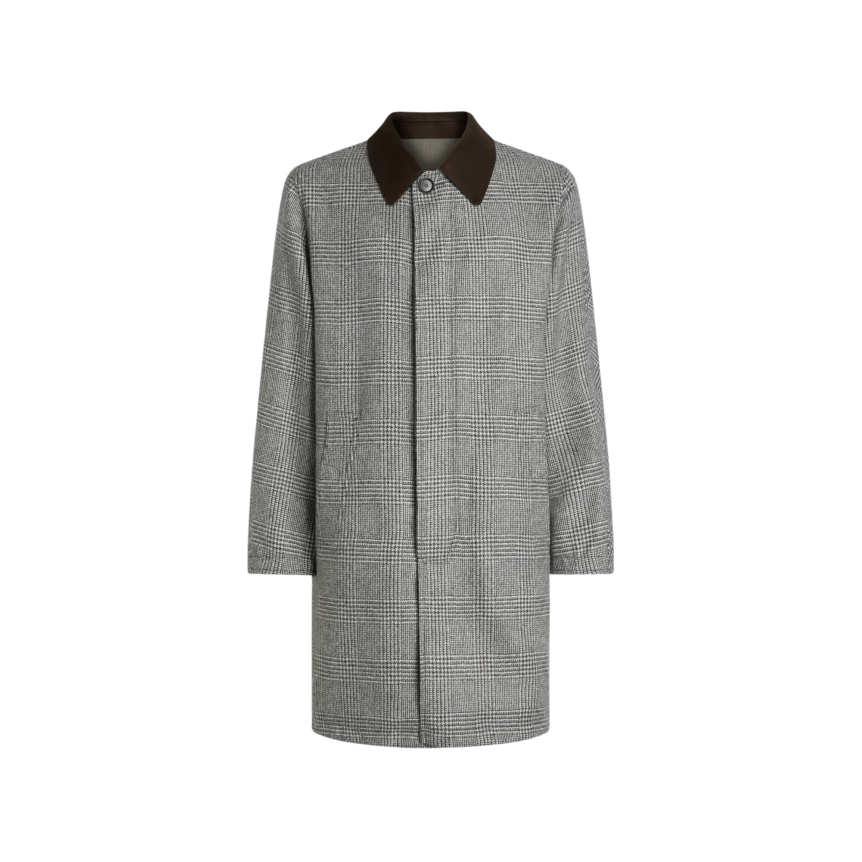Manteau réversible BRIONI en laine prince de Galles et baby alpaga vert olive col daim marron