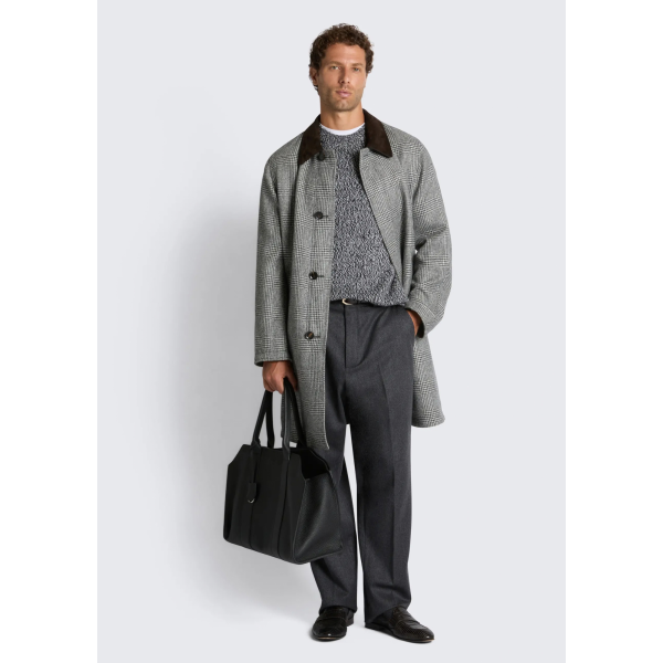 Manteau réversible BRIONI en laine prince de Galles et baby alpaga vert olive col daim marron