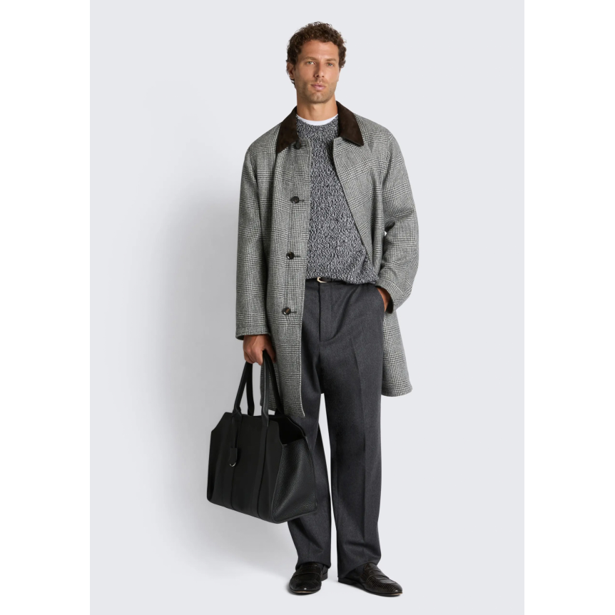 Manteau réversible BRIONI en laine prince de Galles et baby alpaga vert olive col daim marron